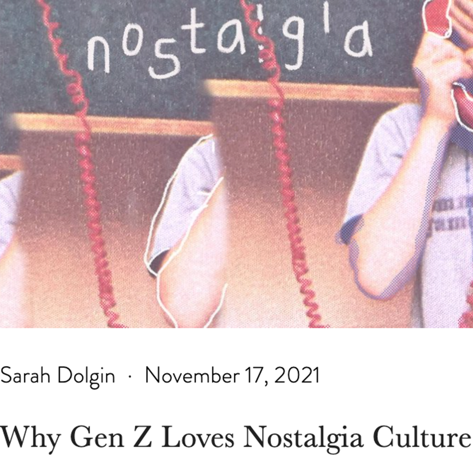 illustration of someone on a wired phone and the word nostalgia